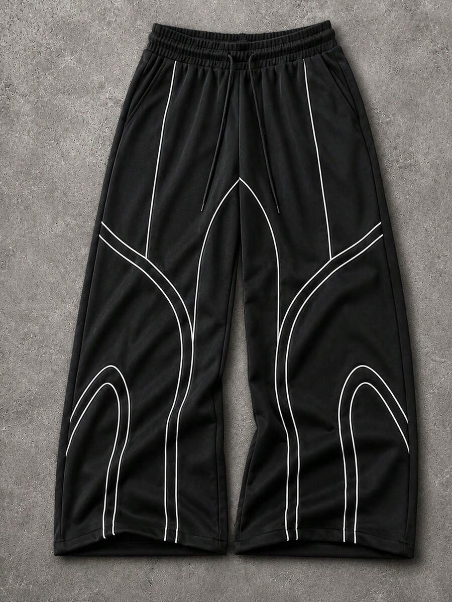 Men's Wide Leg Casual Sports Sweatpants With Curved White Contrast Stitching, Elastic Waist And Drapey Floor-Length Fit - Black - View 1