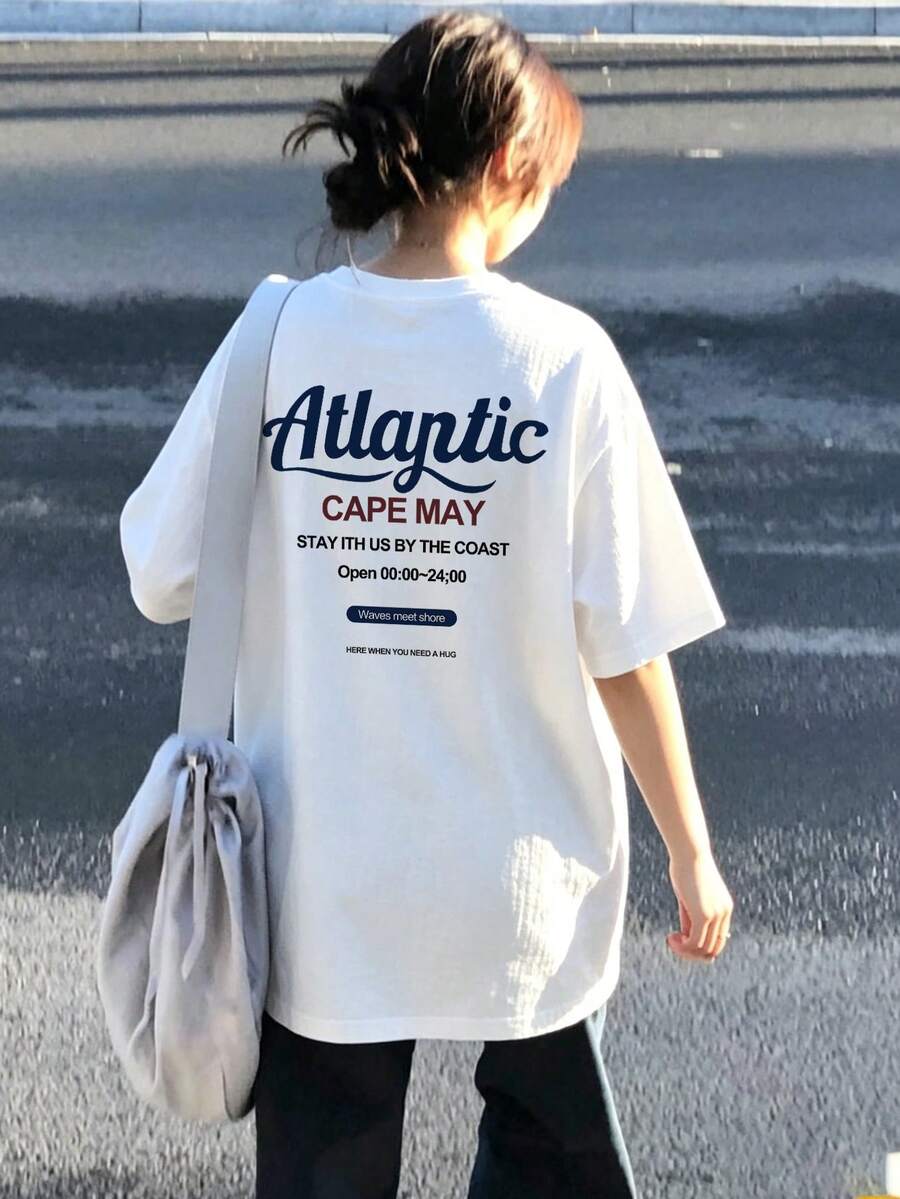 女款時尚夏季寬鬆圓領極簡百搭字母印花短袖T恤休閒白色 - 白色 - 查看 1