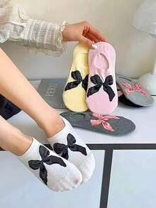 6 Pairs Multicolor Assorted New Chinese Ballet Style Solid Color Bow Knot Boat Socks Spring Summer Thin Invisible Low-Cut Ankle Socks Ins - Multicolor - View 5