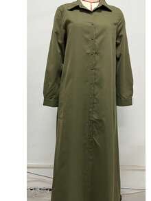 Vestido Camisa Longo Casual de Cor Sólida Elegante para Primavera - Verde - Visão 4