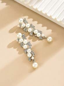 1 Pair Luxury Faux Pearl & Rhinestone Large Drop Earrings For Women, Suitable For Wedding, Banquet, Anniversary - Silver - View 4