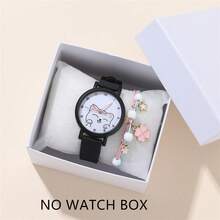 2pcs/Set Fashion Minimalist Cat Digital Face Quartz Silicone Strap Student Watch + Bracelet - Black - View 6