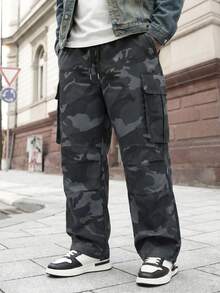 Pantaloni cargo casual da uomo taglie forti con mimetica, gamba dritta ampia, vita elastica con coulisse, pantaloni lunghi con tasche multiple - nero - Visualizzare 2