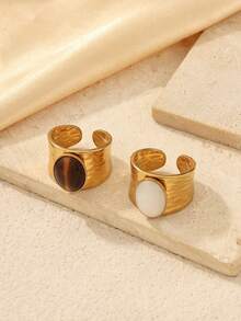 2pcs Women's 18K Gold Plated Open Adjustable Wide Band Rings, Hammered Texture Ring Face Inlaid With Oval Natural Shell Tiger Eye Stone, Vintage Style Daily Party Fashion Jewelry - Yellow Gold - View 2