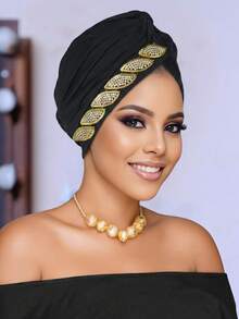 1PC Women's Rhinestone Leaf-Decorated Headscarf Cap, Stretchy African-Style Headscarf, Soft And Breathable, Suitable For Everyday Wear And Parties. - A - View 10