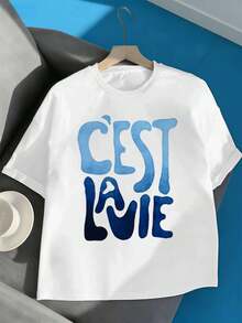 Cest La Vie Grafik-T-Shirt Aus Hochwertiger Baumwolle, Rundhalsausschnitt, Bequeme Passform, Einzigartiger Grafikdruck - 白色 - 查看 2