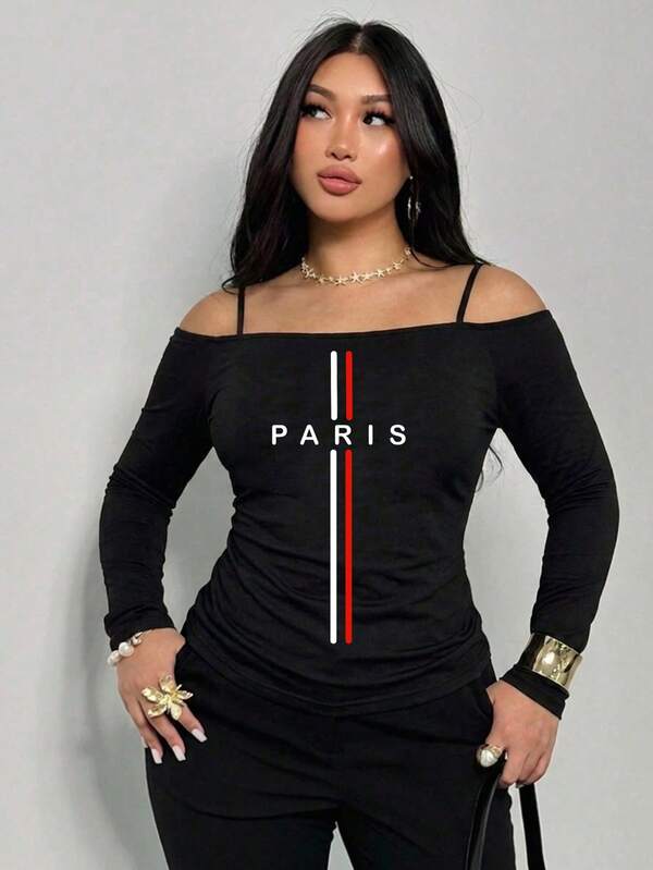 Plus Size Black Cold Shoulder Long Sleeve T-Shirt, Vintage Tiger Rose Letter Print, Slim Fit Ruched Waist, American Hot Girl Style Off Shoulder Base Layer Top
