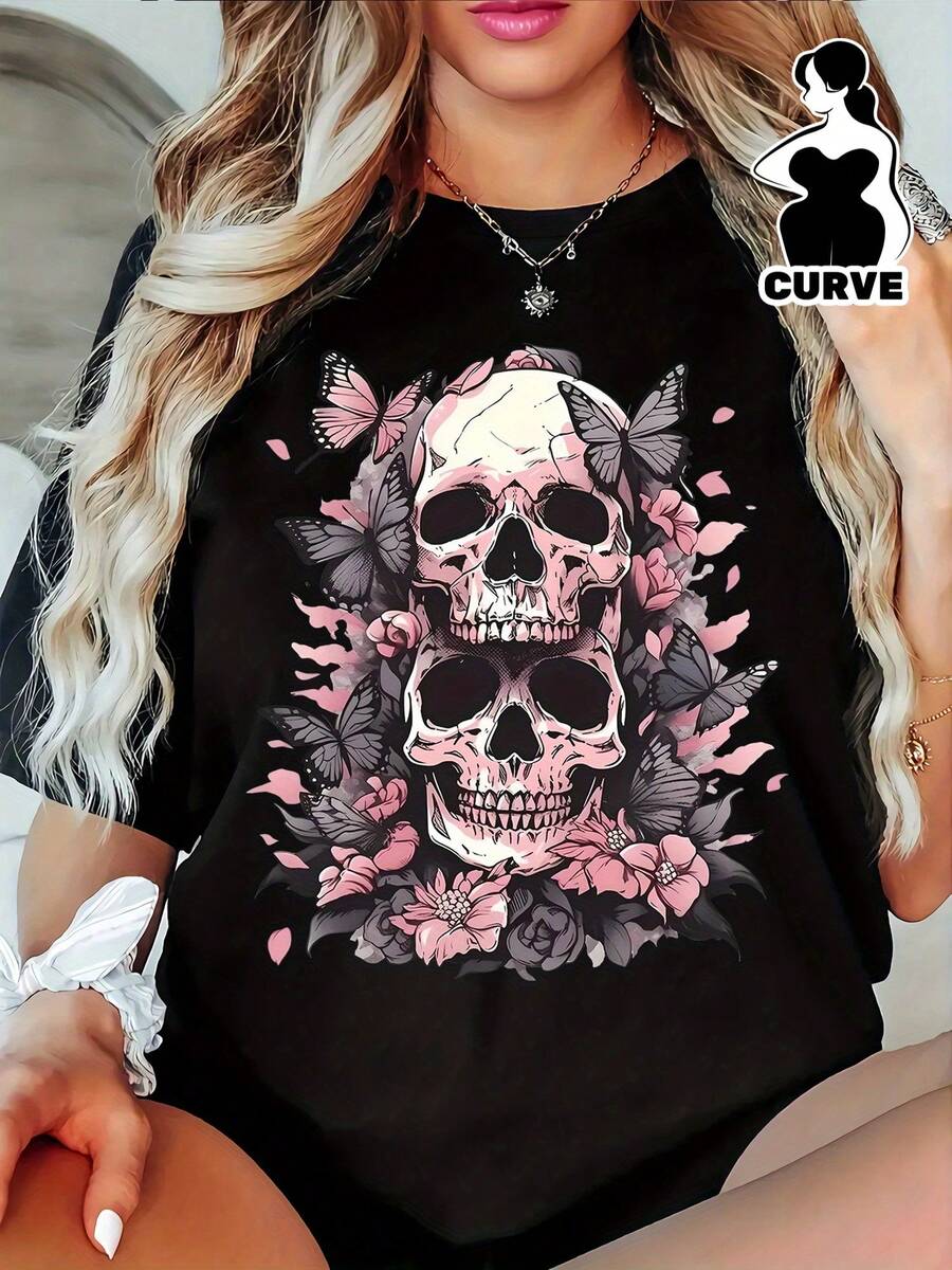 Camiseta Casual de Mujer Talla Grande, Estampado, Cuello Redondo, Manga Corta, Tejido Ligeramente Elástico, Estilo Regular, Cómoda para Todas las Estaciones, Ropa de Mujer
