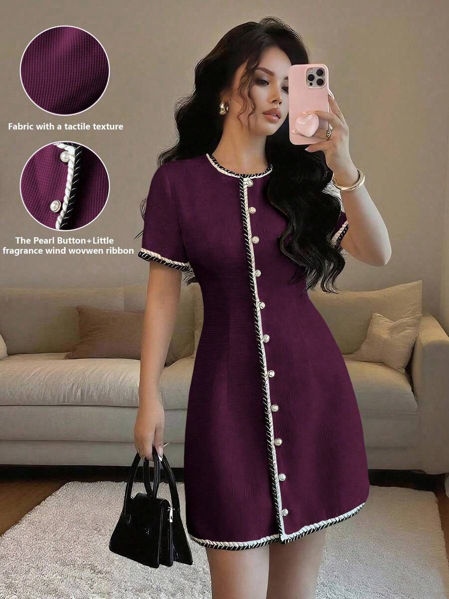 Vestido corto elegante de estilo casual de negocios con cuello redondo, cintura entallada y mangas cortas con botones, adecuado para primavera y verano - Rojo violeta - Ver 1