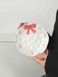 1/2/4pcs Embossed Cute Bow Ceramic Plates, Korean Style Minimalist Ceramic Plates, Afternoon Tea Dessert Plates, Coffee Cup Trays, Breakfast Plates, Casual Snack Plates, Cake Plates, Candy Plates, Gift Tableware, Plates, Suitable For Various Scenes Office, Restaurant - Multicolor - View 8