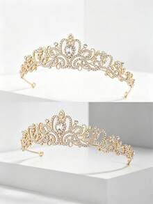 1pc Crystal Wedding Headpiece, Suitable For Bride, Girl, Princess Headpiece, Pageant Crown, Bridal Hair Accessory - Gold - View 7