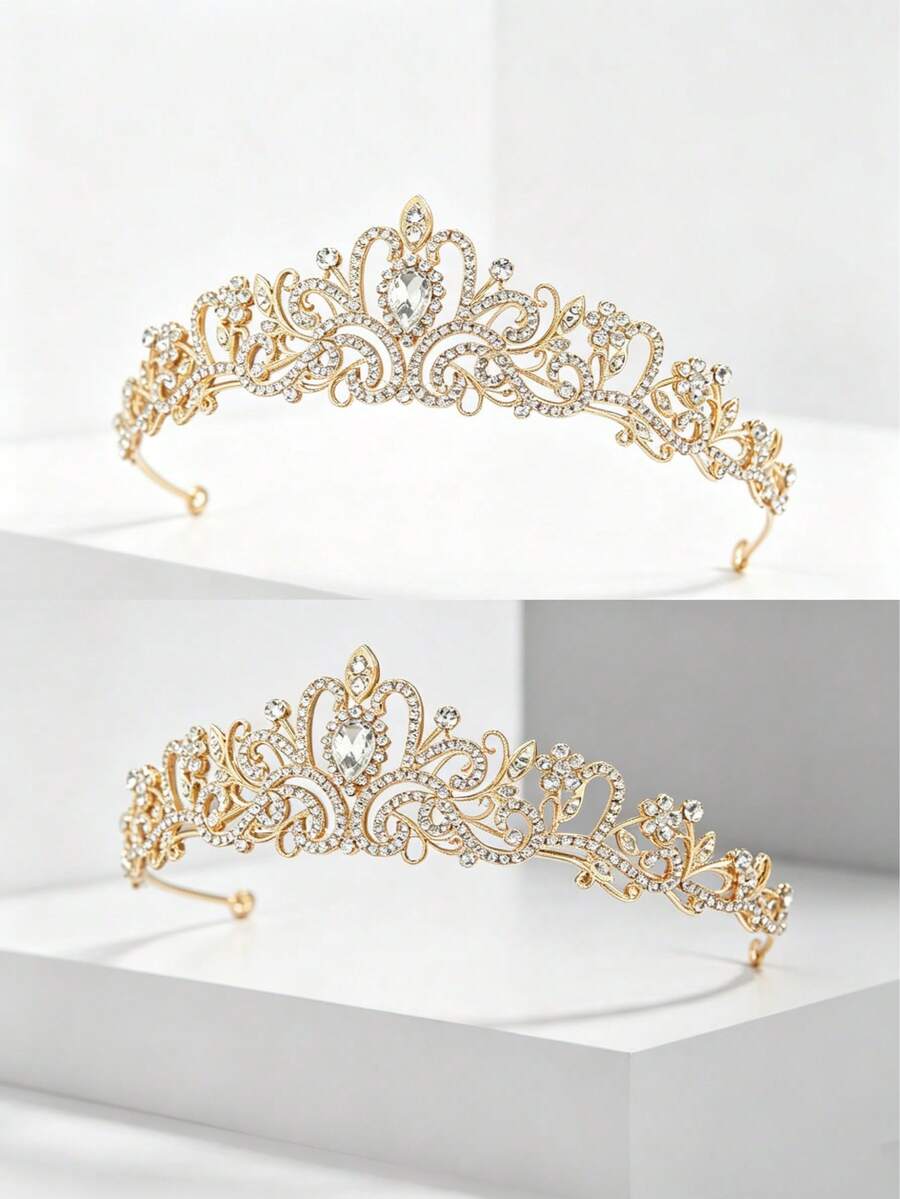 1pc Crystal Wedding Headpiece, Suitable For Bride, Girl, Princess Headpiece, Pageant Crown, Bridal Hair Accessory - Gold - View 1
