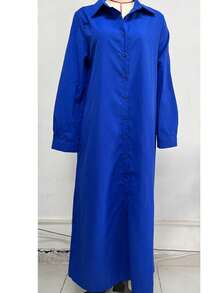 Women's Fashion Solid Color Long Sleeve Shirt Dress Elegant Spring - Royal Blue - View 5