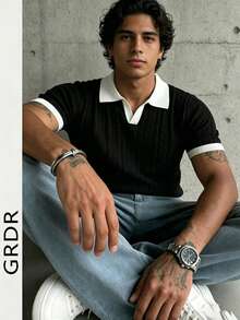 GRDR Men's Lightweight Seagull Collar Solid Color Short Sleeve Knit Sweater, Suitable For Summer Outings, Essential For Fashionable Styling - Black - View 2