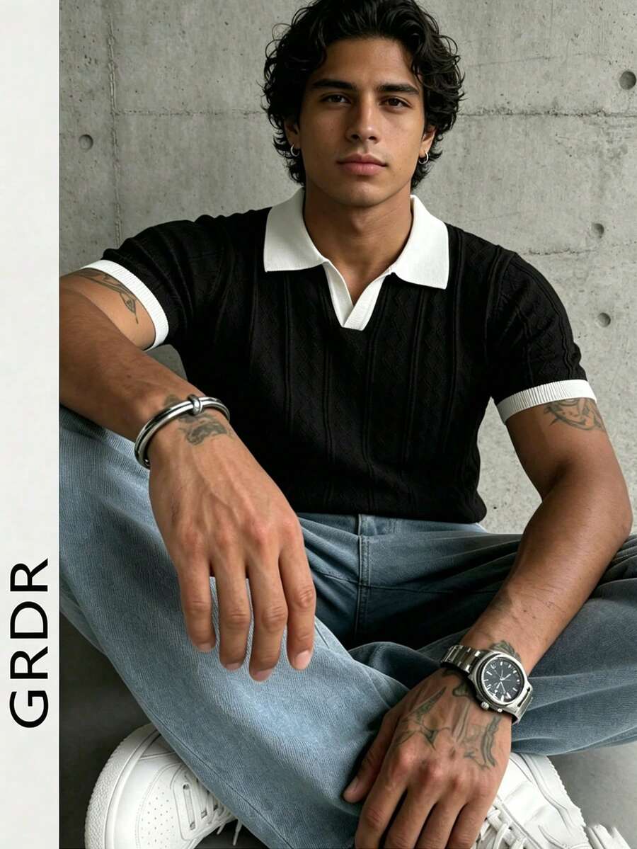 GRDR Men's Lightweight Seagull Collar Solid Color Short Sleeve Knit Sweater, Suitable For Summer Outings, Essential For Fashionable Styling