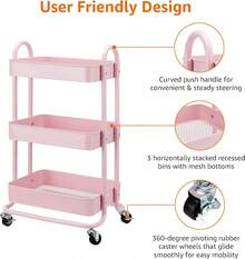 Charcoal 3-Tier Rolling Kitchen Cart With Wheels Storage Trolley For Home Office Bathroom Organization - Dusty Pink - View 4