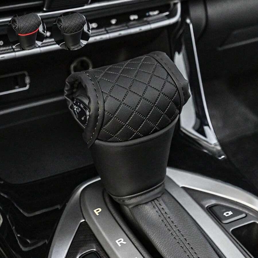 1件裝汽車排檔桿套 黑色/黑紅 壓紋PU皮革 透氣通用型 排檔桿保護套 汽車配件 - A - 查看 1