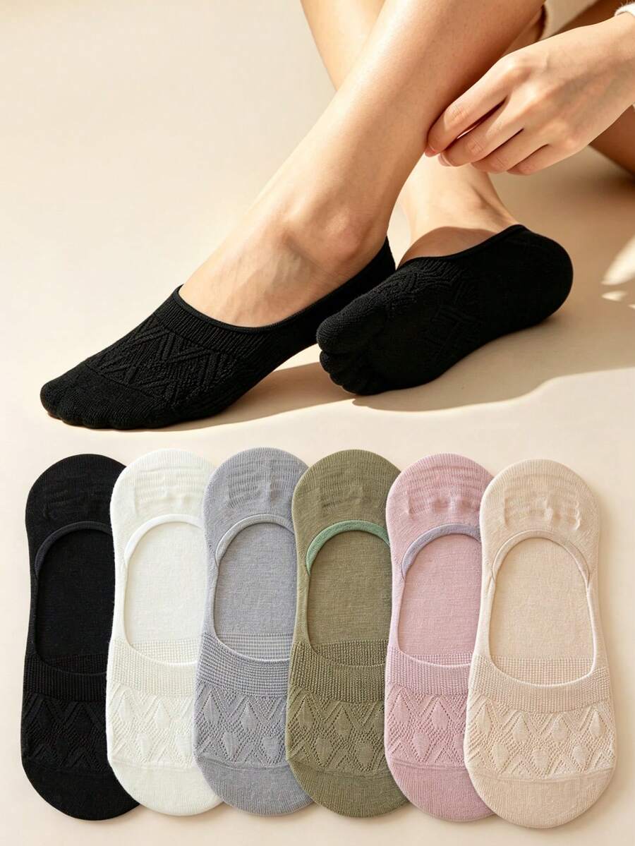5 Pairs Women's Diamond Pattern Boat Socks, Summer Thin Anti-Slip Short Socks, Low-Cut Invisible Socks, Solid Color Seamless Women's Socks, Hollow Mesh Cotton Socks - Multicolor - View 1