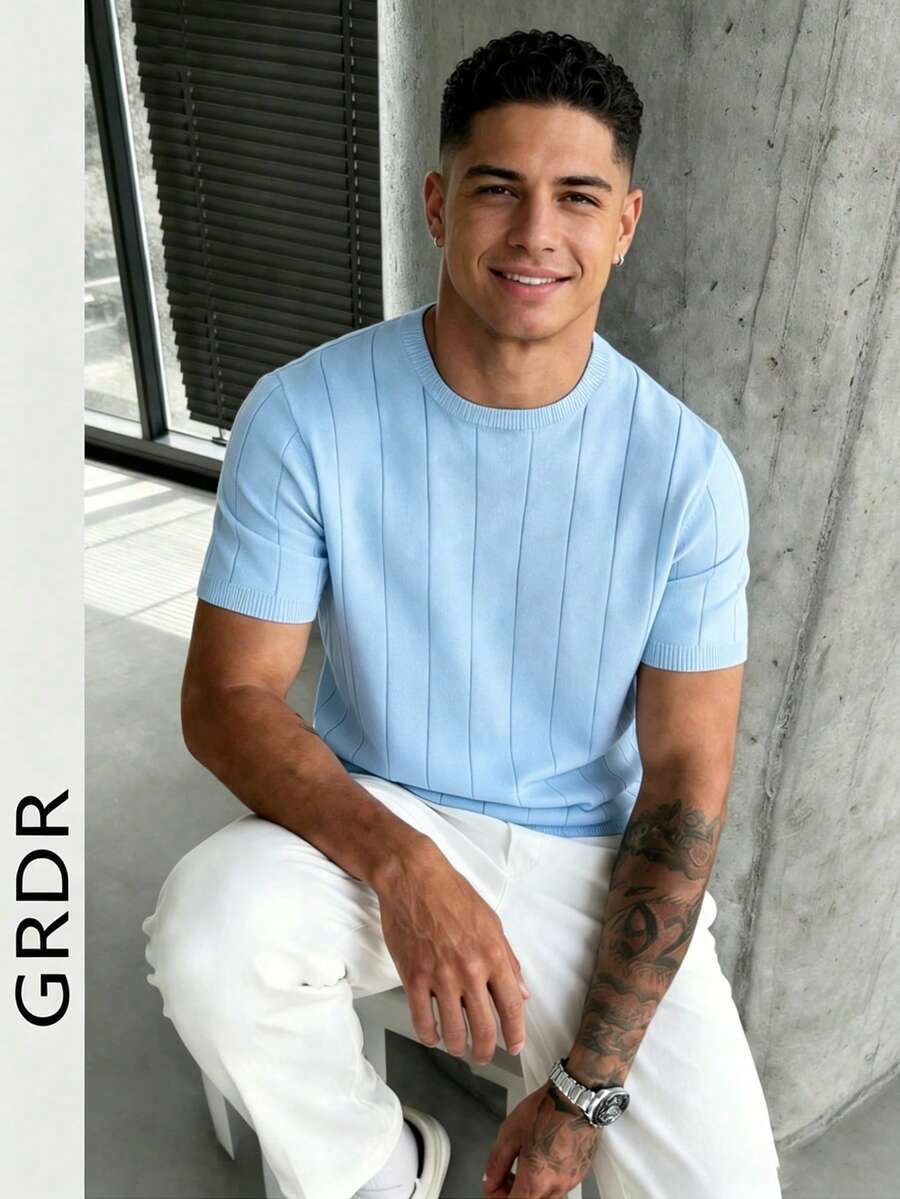 GRDR Men's Loose Thin Ribbed Crew Neck Knit Short Sleeve Sweater, Summer - Baby Blue - View 1