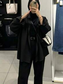 女款極簡休閒純色鈕扣長袖襯衫領優雅上衣，適合春秋冬季，黑色 - 黑色 - 查看 8