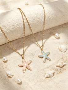1pc Natural Style Stainless Steel Gold-Plated Blue & Pink Starfish Pendant Necklace, Unisex, Suitable For Daily Wear, Beach Vacation, Holiday, Niche Luxury, Simple & Versatile - Multicolor - View 2