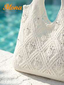 Boho Hollow Knit Tote Bag With Rhinestone Shiny Decor Women Summer Beach Shoulder Bag For Vacation Party Dating Shopping Cruise Travel - Beige - View 5
