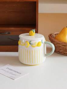 1pc Embossed Fruit Striped Ceramic Mug, Exquisite Coffee Cup With Lid, Lemon, Peach, Strawberry And Blueberry Pattern, Elegant And Practical, Suitable For Home Decor, Father's Day Gift, Father's Day Decoration, Independence Day Gift Decoration, Back To School Gift, Halloween Decoration And Christmas Decoration, Suitable For Coffee Cup, Living Room, Bedroom, Coffee Art, Gift. - Multicolor - View 9