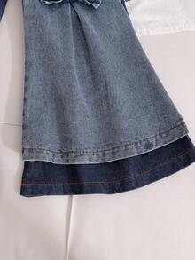 2pcs/Set Girls Toddler Casual Style 3D Bow Soft Comfortable Denim Flare Pants Suitable For Outdoor Wear Spring/Summer - Blue - View 7