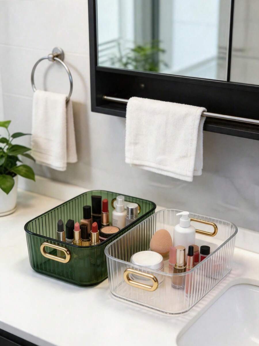 Transparente Acryl Schreibtisch Aufbewahrungsbox (funktioniert auch als Mehrzweck Aufbewahrungskorb) mit Goldrand, geeignet zum Organisieren von Kosmetik, Hautpflegeprodukten, Gesichtsmasken, Snacks, Wohnheim-Essentials und verschiedenen Haushaltsgegenständen - Verschiedenfarbig - Übersicht 1
