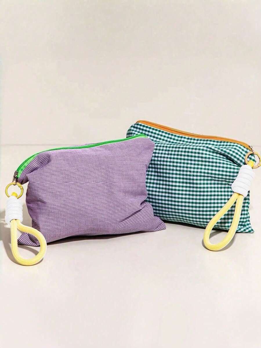 1pc Plaid Colorblock Zipper Makeup Bag, Can Be Used As Cosmetic Storage Bag, Portable Travel Bag, Toiletry Bag, Travel Makeup Bag - Multicolor - View 1