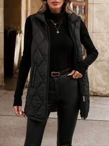 Women's Sleeveless Mid-Length Diamond Pattern Blazer - H-Line Cut, Featuring Stand Collar And Front Zipper Design, With Pockets Black - Black - View 3