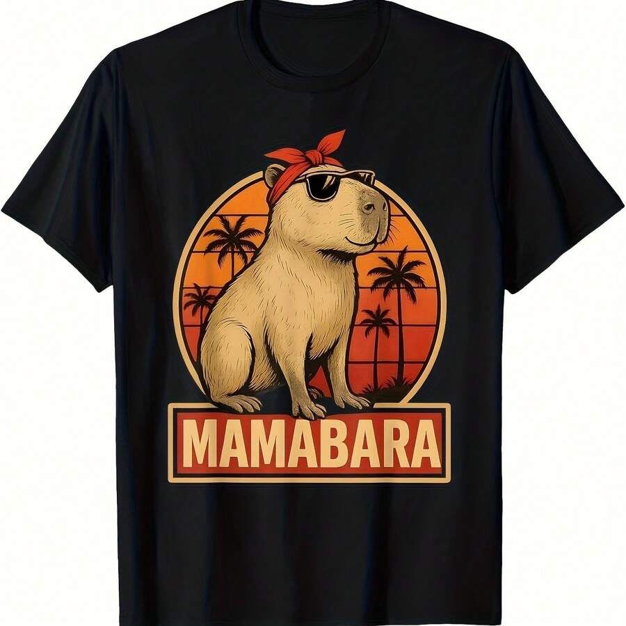 Mamabara Funny Capybara Vintage T-Shirt - Divertida camiseta con gráfico de animales con texto de Mamabara, camisa negra con detalles rojos - Regalo del Día de la Madre para mujeres, impre