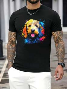 Buntes Herren-T-Shirt Mit Hundeprint Aus Cheicher Baumwolle, Bequeme Passform, Atmungsaktiv, Street-Hip-Hop-Stil, Einzigartiger Grafikdruck - 黑色 - 查看 1
