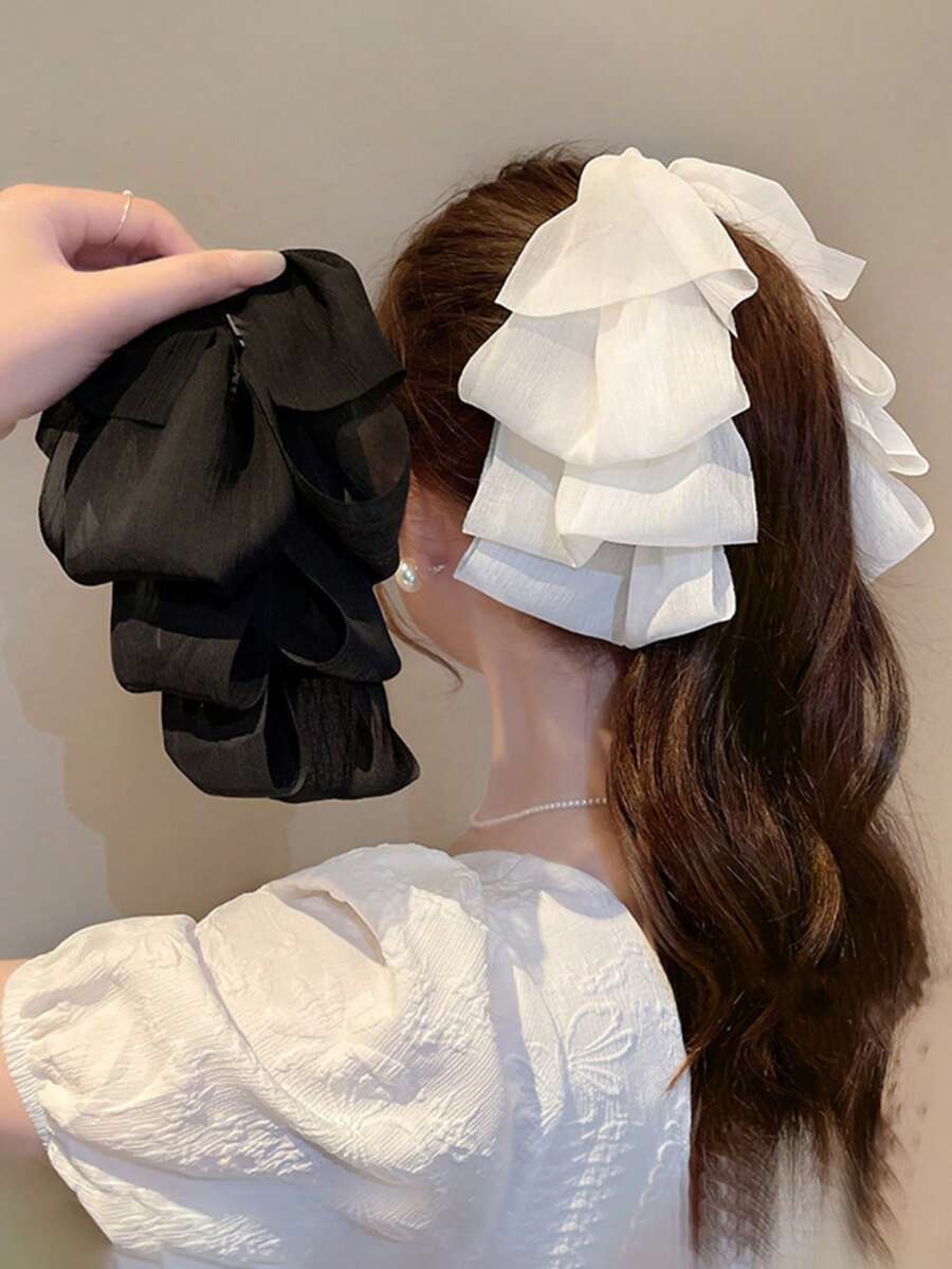 1件女款日系校風層次網紗雪紡蝴蝶結香蕉髮夾,通勤校園派對約會拍照髮飾 - 米色 - 查看 1