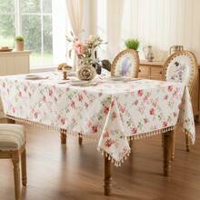 1pc Watercolor Rose & Wildflower Print Tassel Rectangular Tablecloth, Fresh Farmhouse Style Washable Dining Tablecloth, Suitable For Kitchen, Picnic, Dinner Party, Wedding, Indoor/Outdoor Use - Blue and White - View 5
