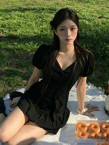 Summer Sweet Cinched Cinched Waist Versatile Ribbon Sexy Petal Sleeve Short Sleeve Blouse Top Black - Black - View 1