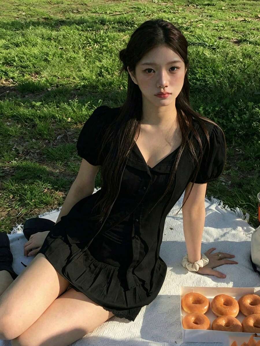 Summer Sweet Cinched Cinched Waist Versatile Ribbon Sexy Petal Sleeve Short Sleeve Blouse Top Black - Black - View 1