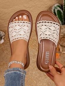 1 Pair Women's Beige Flat Hollow Out Thick Sole Sandals Casual Fairy Vacation Style Spring Summer Fashion Comfortable Versatile Slides - Beige - View 5