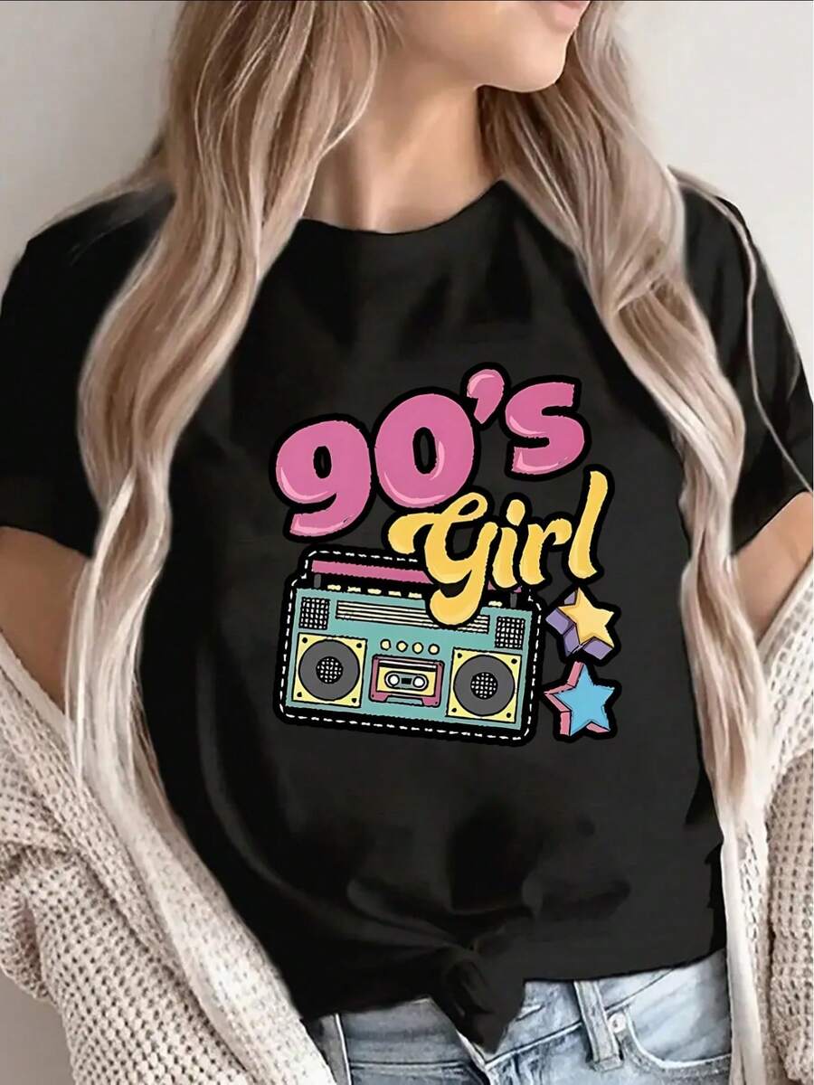 1 Women's Short Sleeve T-Shirt With A Retro 90s Mini Speaker Print, Made Of Lightweight Black Fabric, Perfect For Casual Outings At Home, Cafes Or Parties, Showing - 黑色 - 查看 1