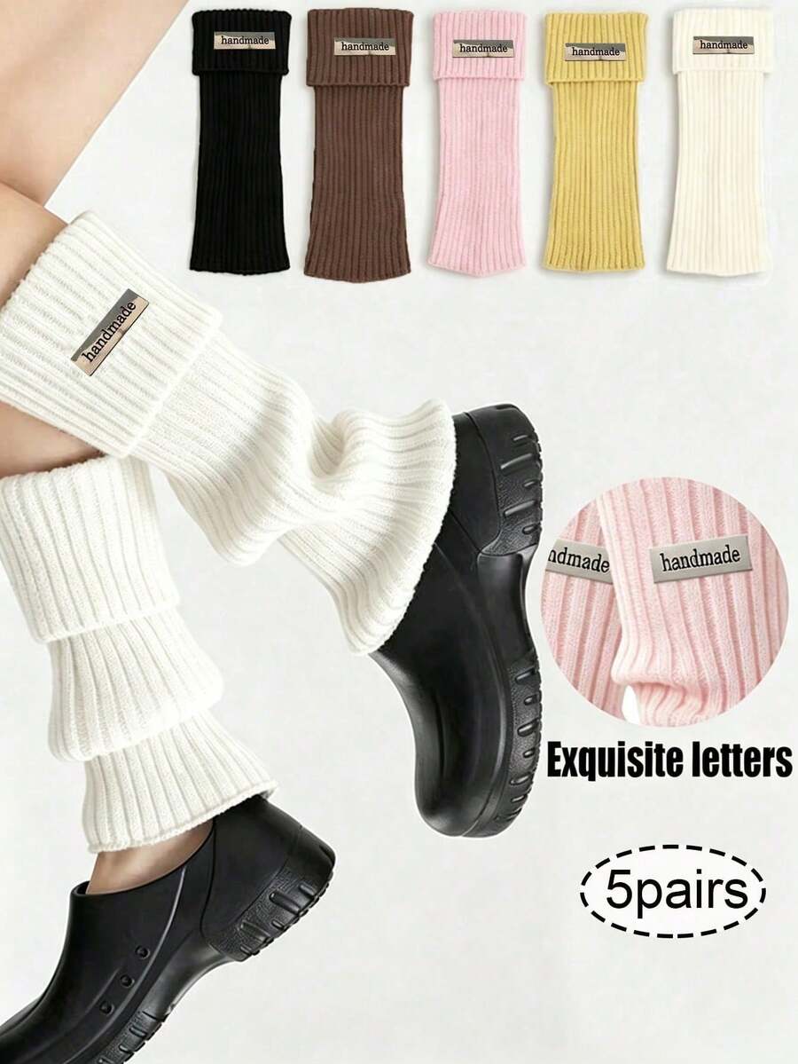 5 Pairs Ribbed Knit Leg Warmers, Y2K Slouchy Stacked Socks, Solid Color Fold-Over Cuff Calf Socks, Preppy JK Casual Boot Covers Streetwear Accessories - Multicolor - View 1