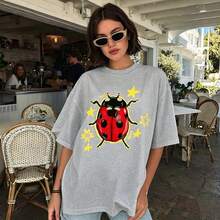 100% Cotton Unisex Tee, Star & Ladybug Print, Vintage Style, Premium Fabric, Summer Graphic Top, Ideal For Daily Wear & Holiday Gifts - 淺灰色 - 查看 4