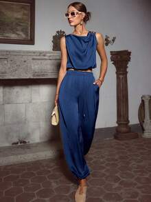 Top cuello mao con hebilla metálica y pantalón holgado con cordón, elegante para festivales y vacaciones - Azul marino - Ver 1