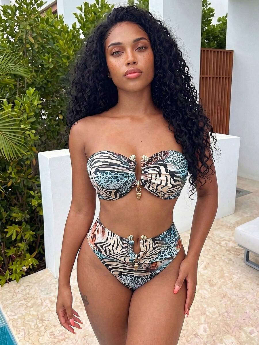 Vaytide Conjunto de bikini de dos piezas tipo bandeau con accesorios en color dorado, estampado de leopardo degradado, ideal para vacaciones de verano - Multicolor 2 - Ver 1