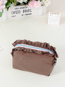 Cute Ruffle Trim Cosmetic Bag Plain Makeup Bag Portable Toiletry Bag Travel Makeup Clutch Pouch Grid Pattern Make Up Bag Zipper Handbag Brushes Holder - Multicolor - View 19