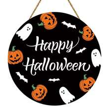 萬聖節 Trick Or Treat 木製圓形門牌，可愛幽靈搭配南瓜與蝙蝠掛飾，橘黑配色恐怖風門前門廊居家萬聖節派對裝飾牌 - A - 查看 8