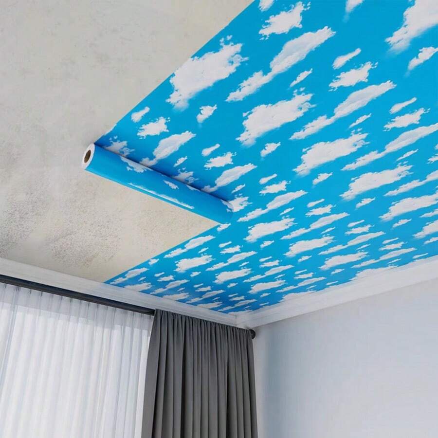 1 Rolo de Papel de Parede Autoadesivo Céu Azul & Nuvens Brancas, Papel de Contato Azul Removível, Adequado para Sala de Estar, Quarto, Cozinha, Hotel, Parede de Bottom de TV, Decoração Doméstica, Adesivo de Parede, Tampo de Mesa de Mármore, Armário, Reforma de Móveis, Papel de Parede Removível DIY - Céu azul e nuvens brancas - Visão 1