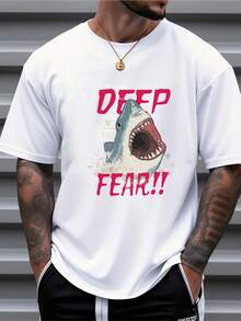 Men's Pure Cotton Oversized Short Sleeve Graphic Tee Shark Print Letter Print Casual T-Shirt - White - View 1
