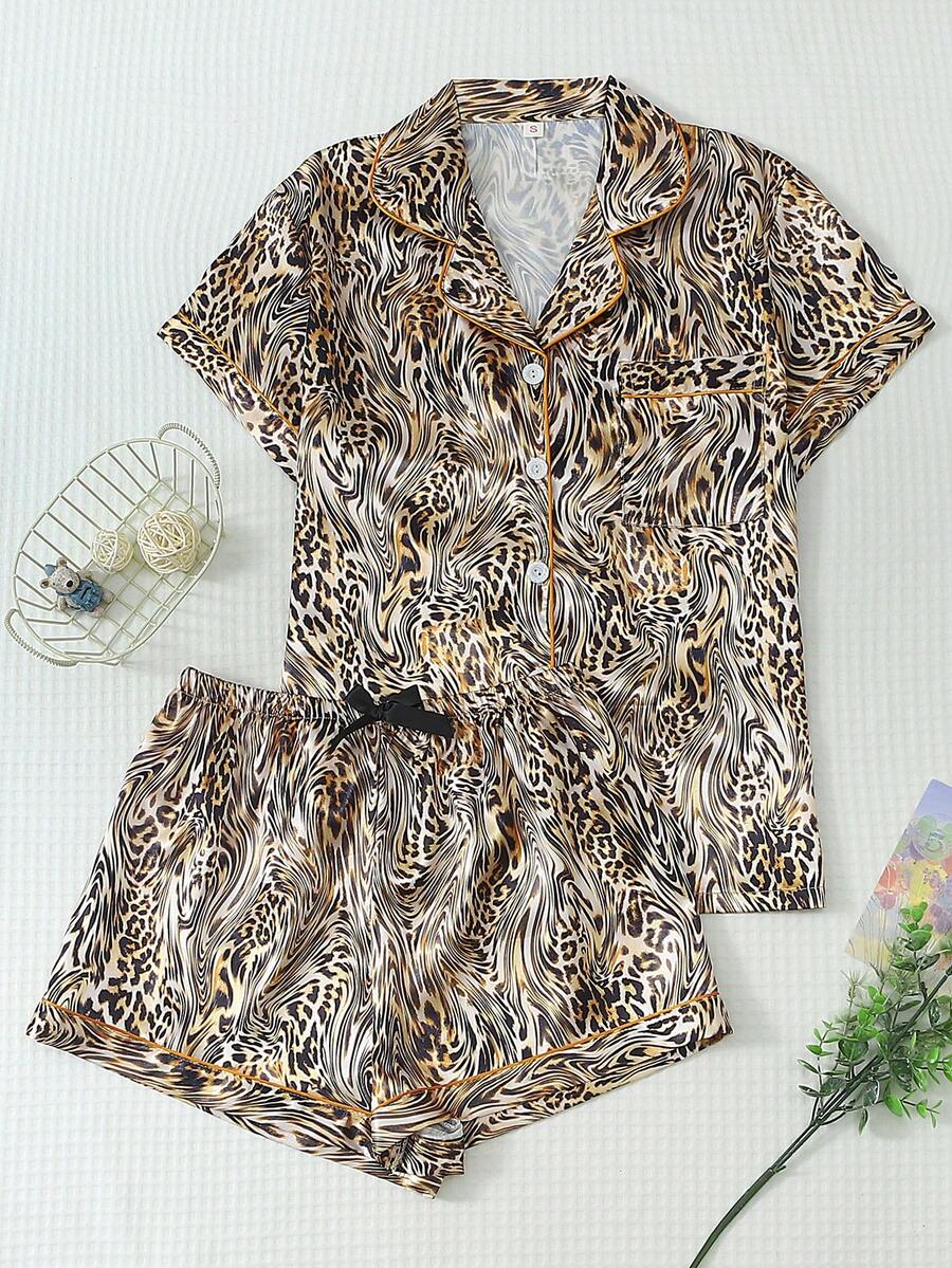 2件組緞面豹紋短袖口袋翻領上衣與蝴蝶結短褲女款睡衣家居服套裝 - 棕色 - 查看 1