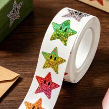500pcs Holographic Star & Smiling Face Roll Stickers, Round Smiling Face Holographic Stickers, Self-Adhesive Labels For Teachers, Parents, School, Learning, Training, Party, Birthday, Motivation, Encouragement, Gift Decoration, Stationery Stickers - Cartoon - View 3