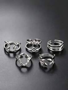 Men's 5pcs Niche Design Stainless Steel Rings, Cool Personalized Open Adjustable Jewelry, Gift For Boyfriend / Daily Versatile - Silver - View 3